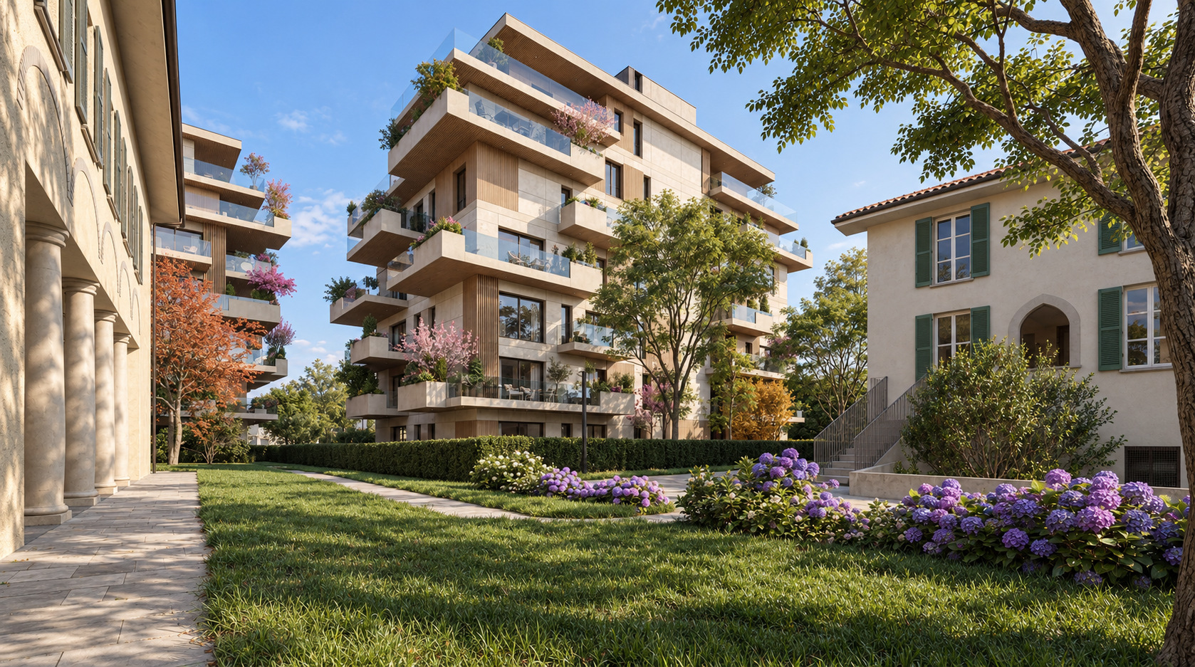 De Amicis Towers — La corte verde tra la torre e gli edifici esistenti