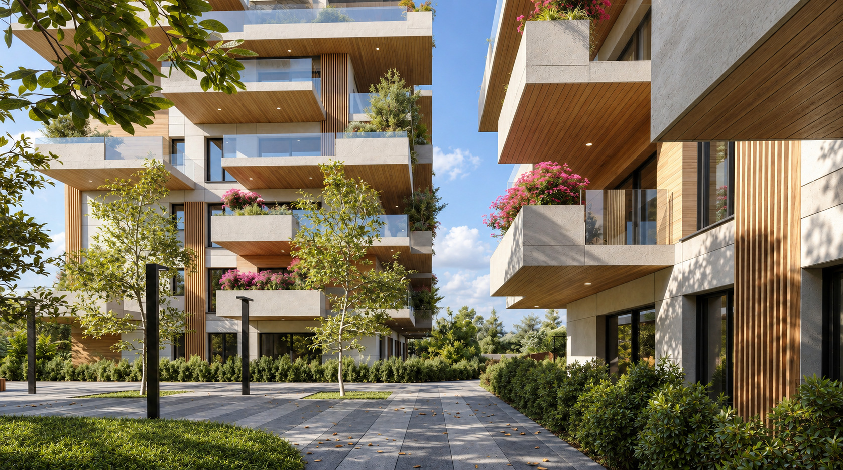De Amicis Towers — Il percorso d’ingresso tra porticati e terrazze