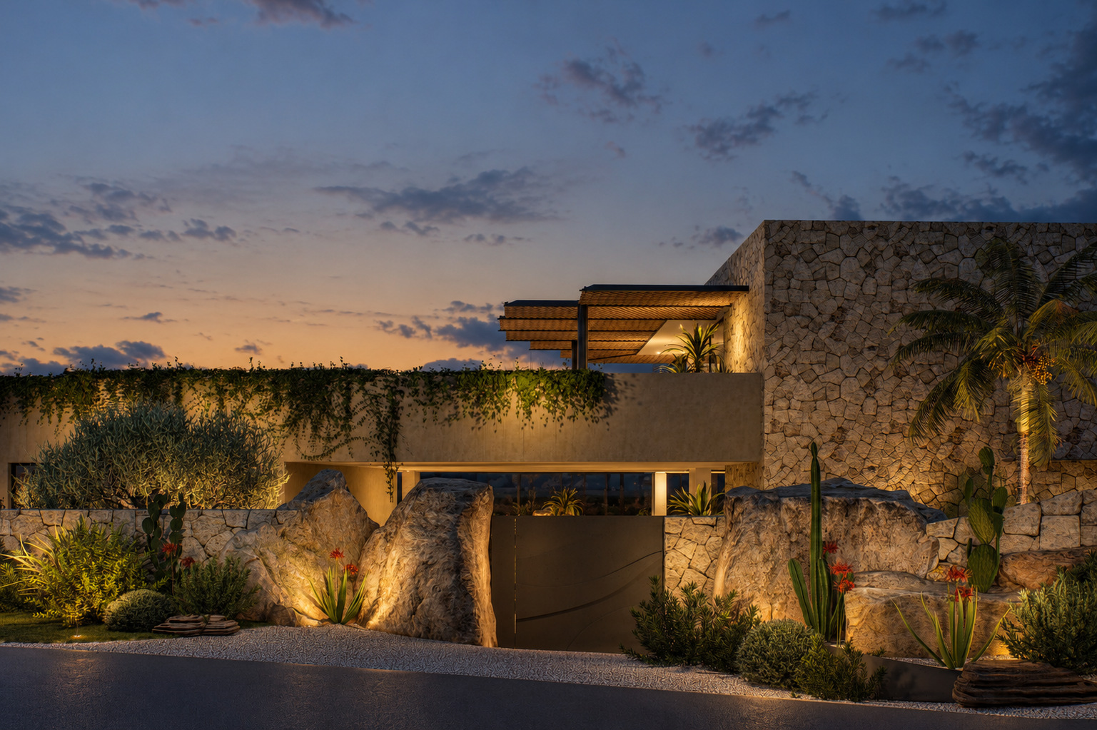 Villa Eden Rock — L’ingresso e i rivestimenti in pietra al crepuscolo