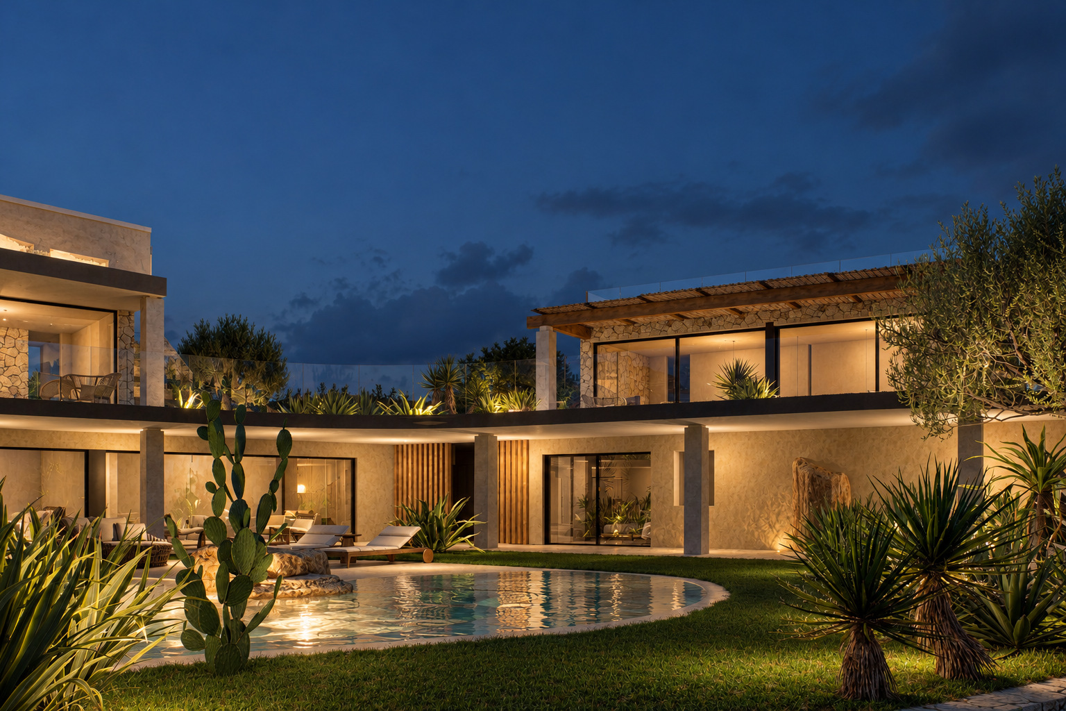 Villa Eden Rock — La piscina e le aree di soggiorno illuminate