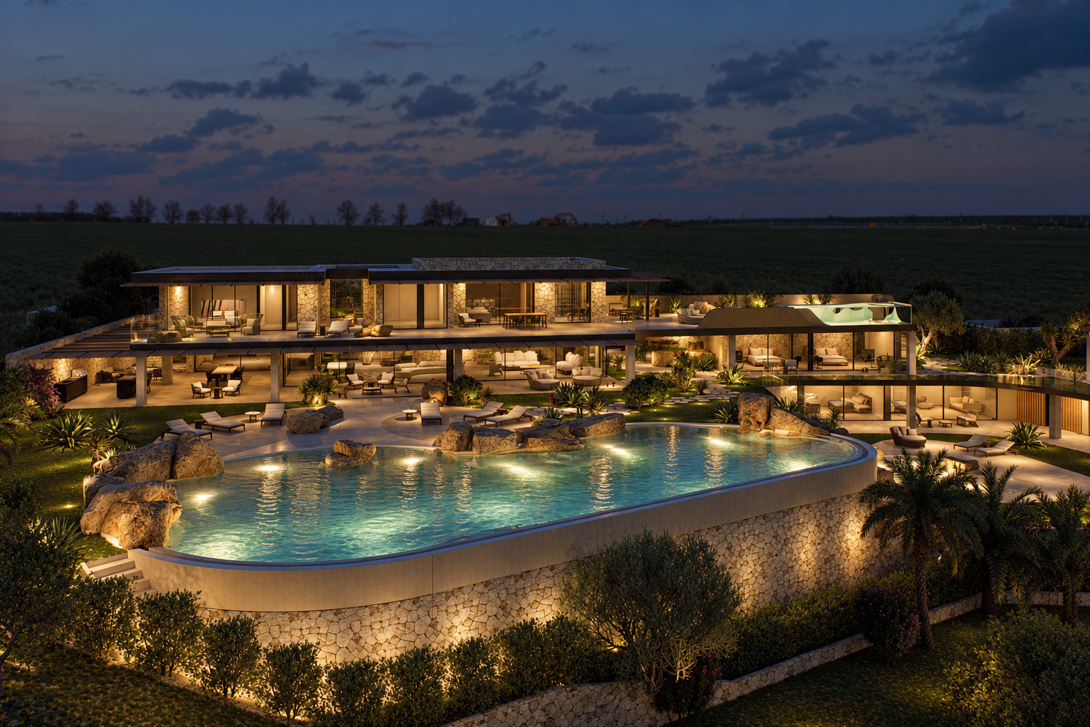 Villa Eden Rock — La villa illuminata e il disegno della piscina