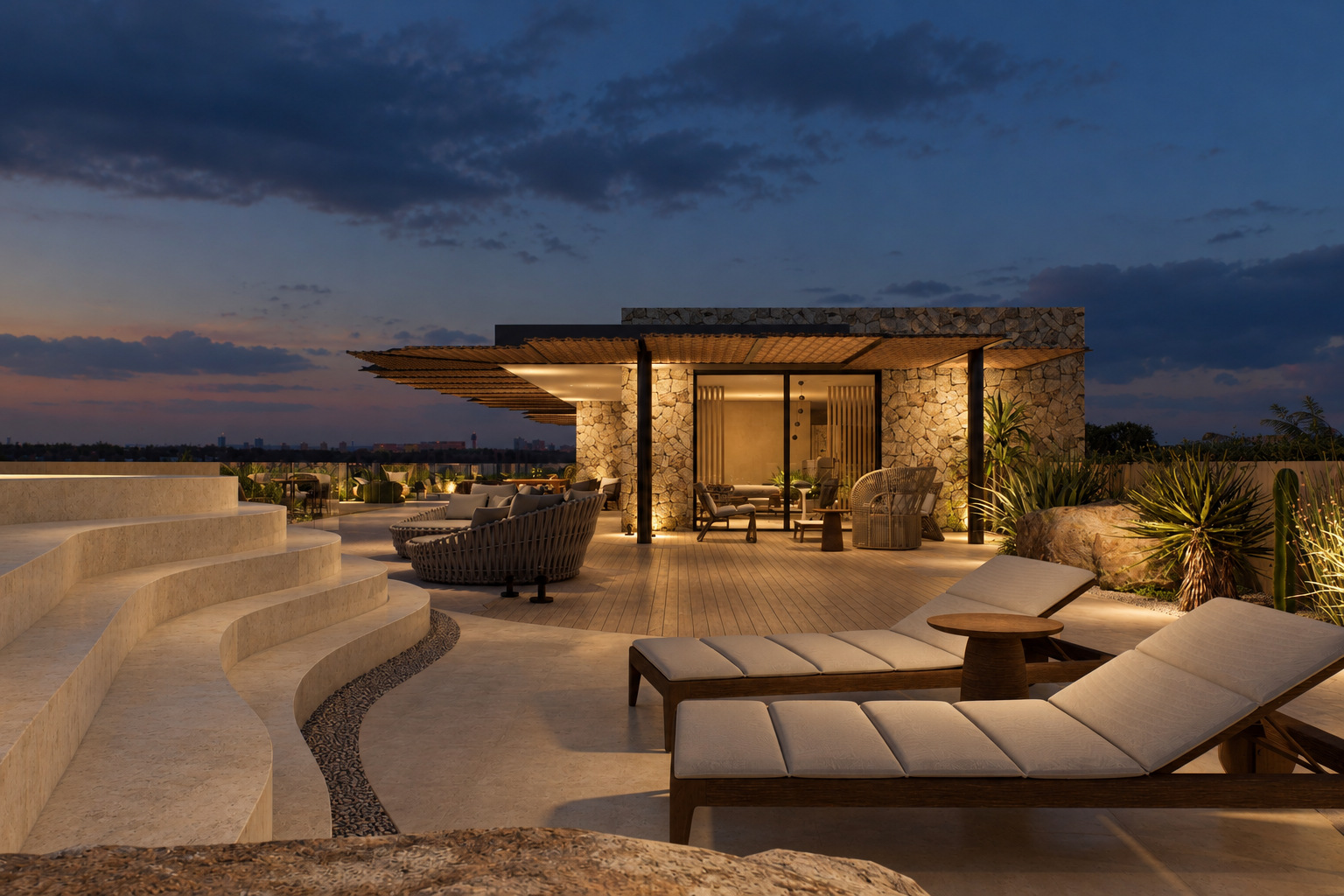 Villa Eden Rock — Il padiglione in pietra e la terrazza illuminata