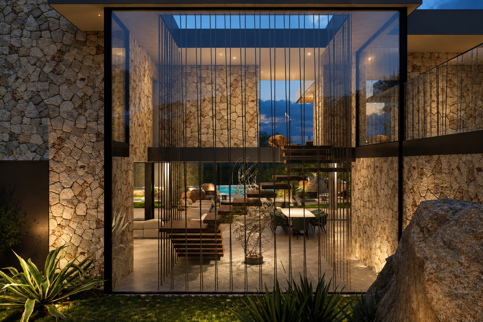 Villa Eden Rock — Lo spazio vetrato a doppia altezza illuminato