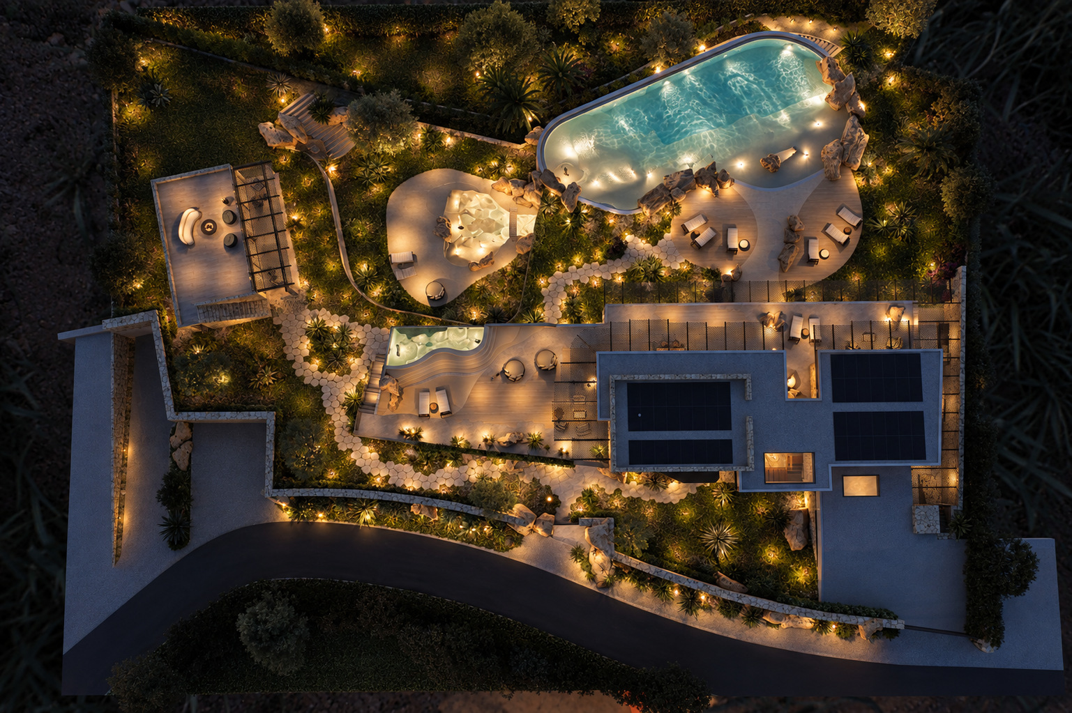 Villa Eden Rock — La villa e la piscina illuminate viste dall’alto