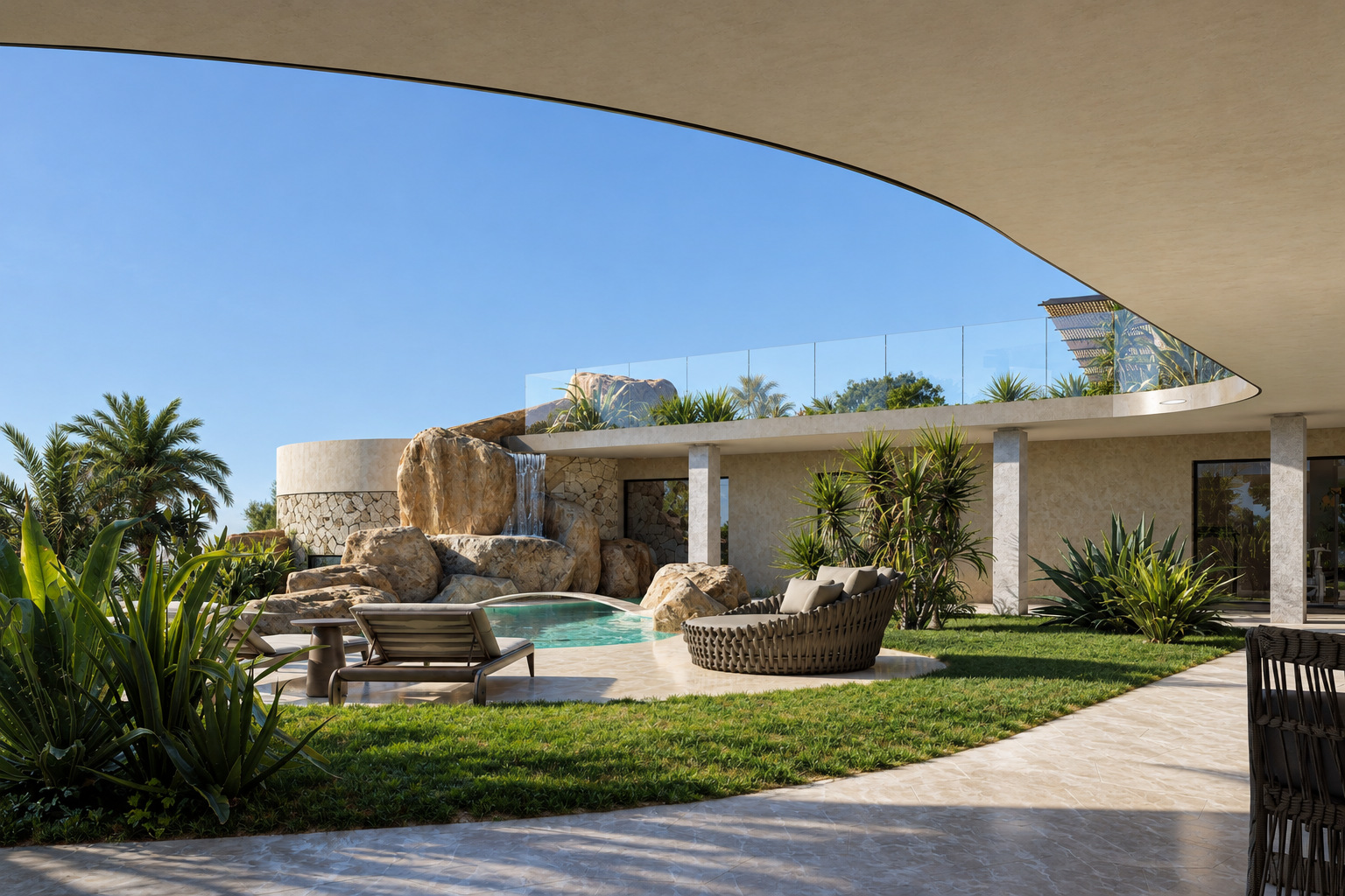 Villa Eden Rock — Il porticato curvo e gli spazi di soggiorno all’aperto