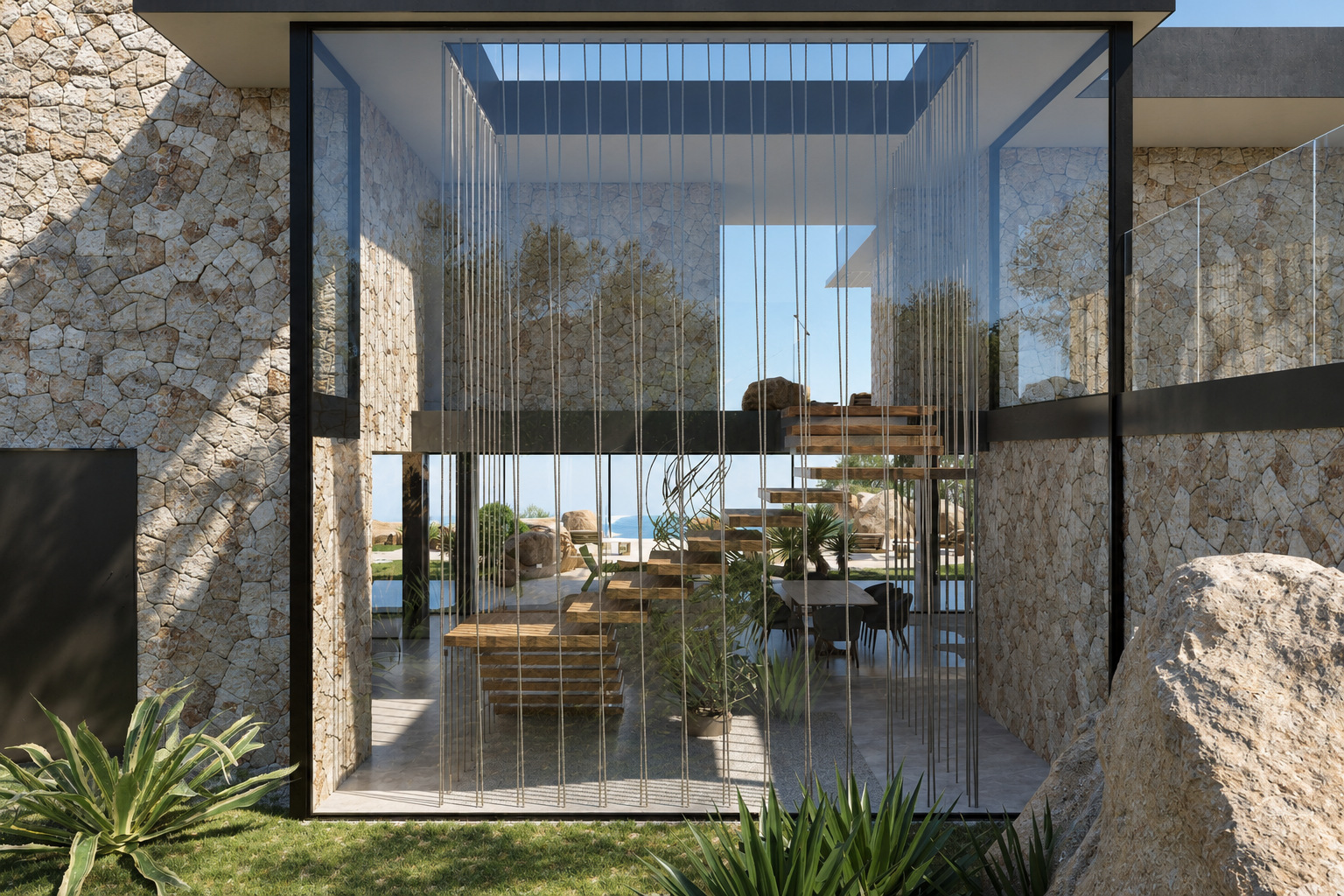 Villa Eden Rock — Lo spazio vetrato a doppia altezza tra i volumi in pietra